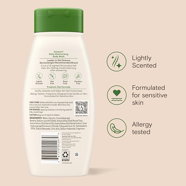 AVEENO DAILY MOISTURIZING BODY WASH FOR NORMAL TO DRY AND SENSITIVE SKIN FORMULA WITH PREBIOTIC OAT, LIGHTLY SCENTED, 18 FL OZ (2 PACK)