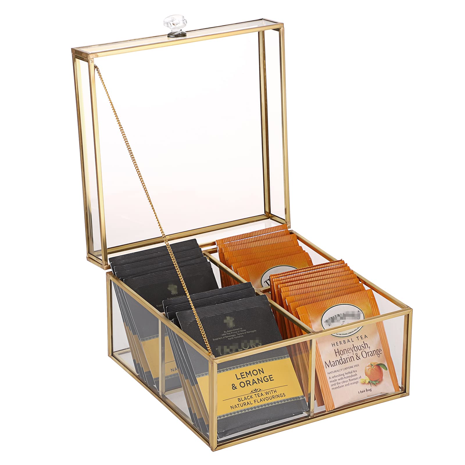 IGNPION Glass Tea Bag Organizer Storage Box Modern Tea Storage Chest with 4 Compartments Tea bag Holder Case Decorative Transparent Tea bag Caddy Holder for Coffee, Tea, Cosmetic, Jewelry