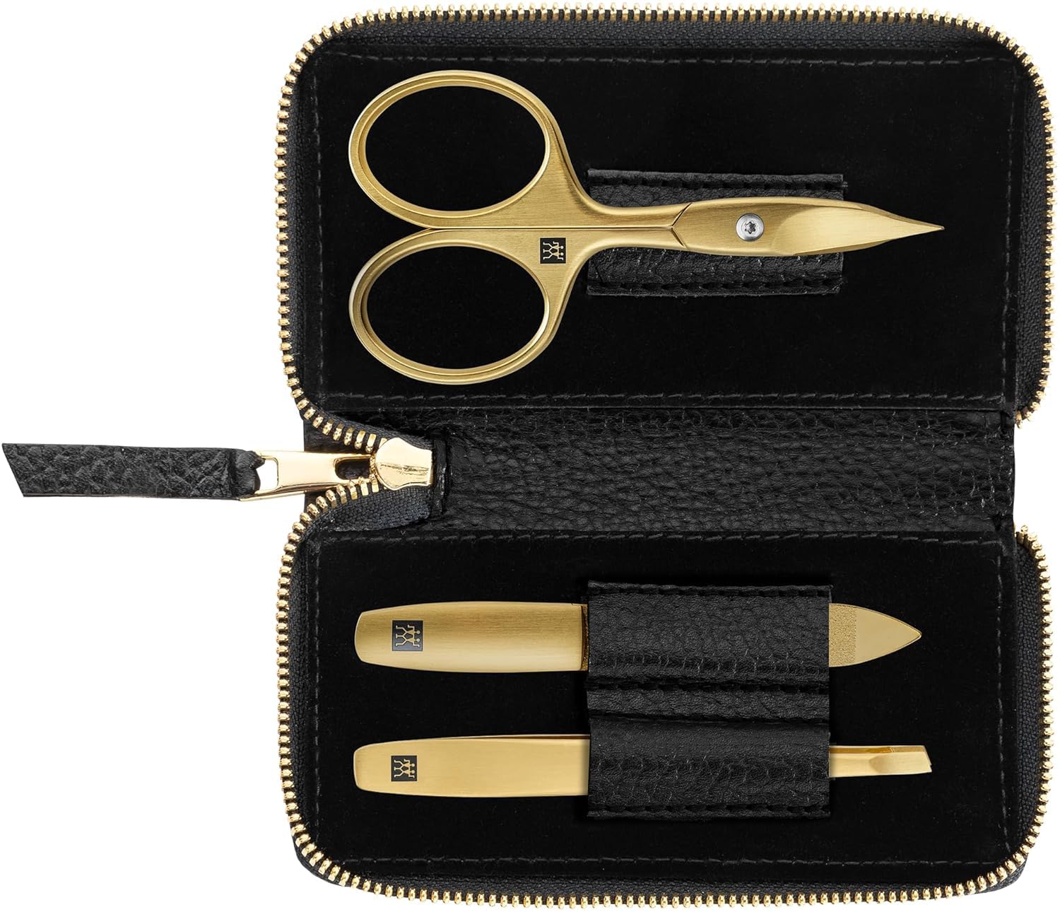ZWILLING Manicure Set (3 piece, black genuine leather case, care for hands and feet, travel set, with nail scissors), Premium, Gold Edition