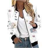 HipGlamp Women's Floral Print Bomber Jacket Casual Vintage Zip Coat Lightweight Long Sleeve Outwear Tops Windbreaker