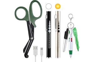 Enhon 6 Pack Nurse Tools Set, 2 Rechargeable LED Pen lights with Two Sources and Pupil Gauge, One 6'' Trauma Bandage Shear and 3 Mini Highlighter Pen for Nurse, Doctor(Green)