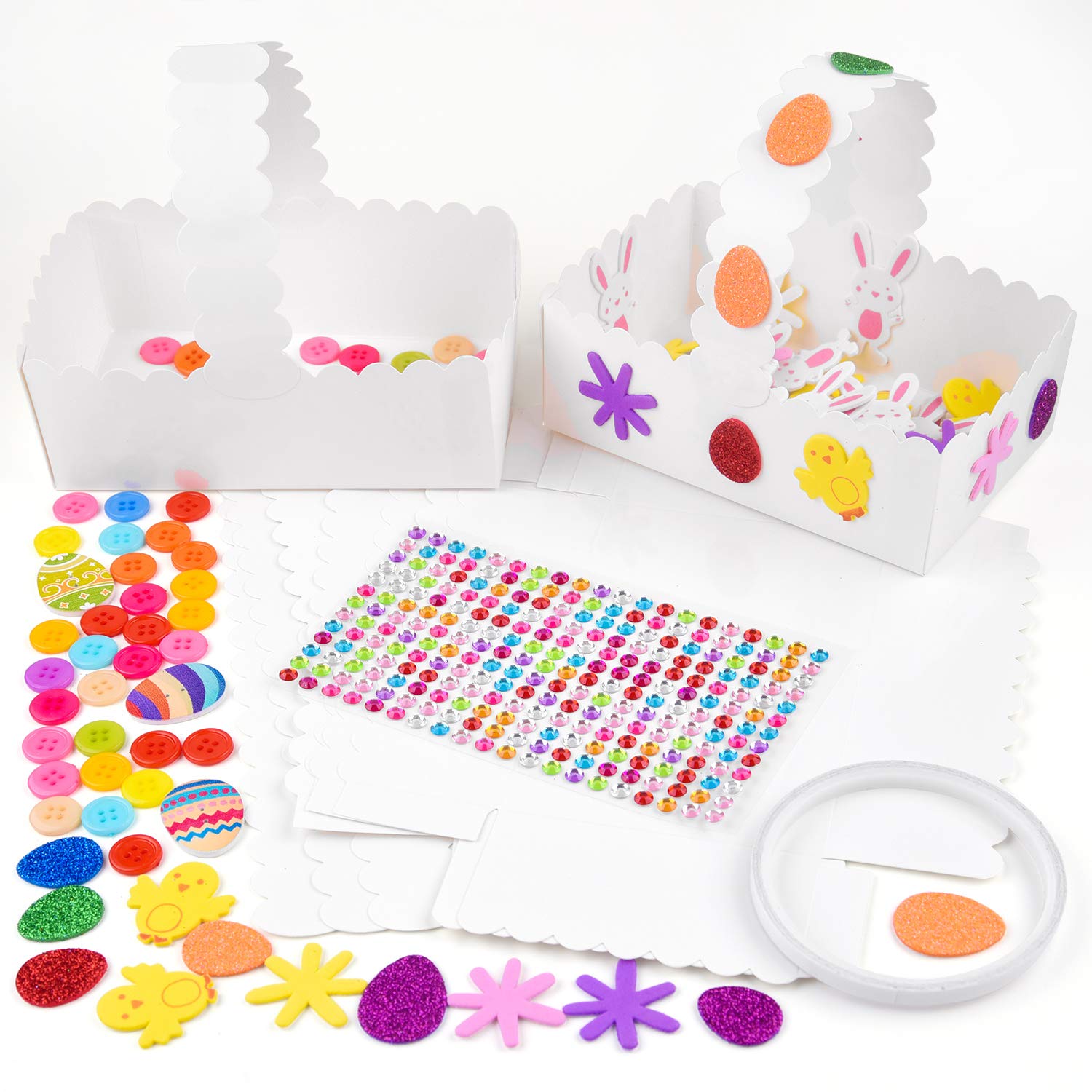 TUPARKA 6 PCS White Easter Card Craft Baskets Kit With Easter Sticker Colour Egg Buttons for Children Easter Decoration Craft Egg Filler Supplies