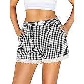 Marvmys Womens Boxer Shorts Cotton Pajama Bottoms Summer Gingham Ruffle/Lace Shorts Casual Y2K Beach Shorts S-2XL