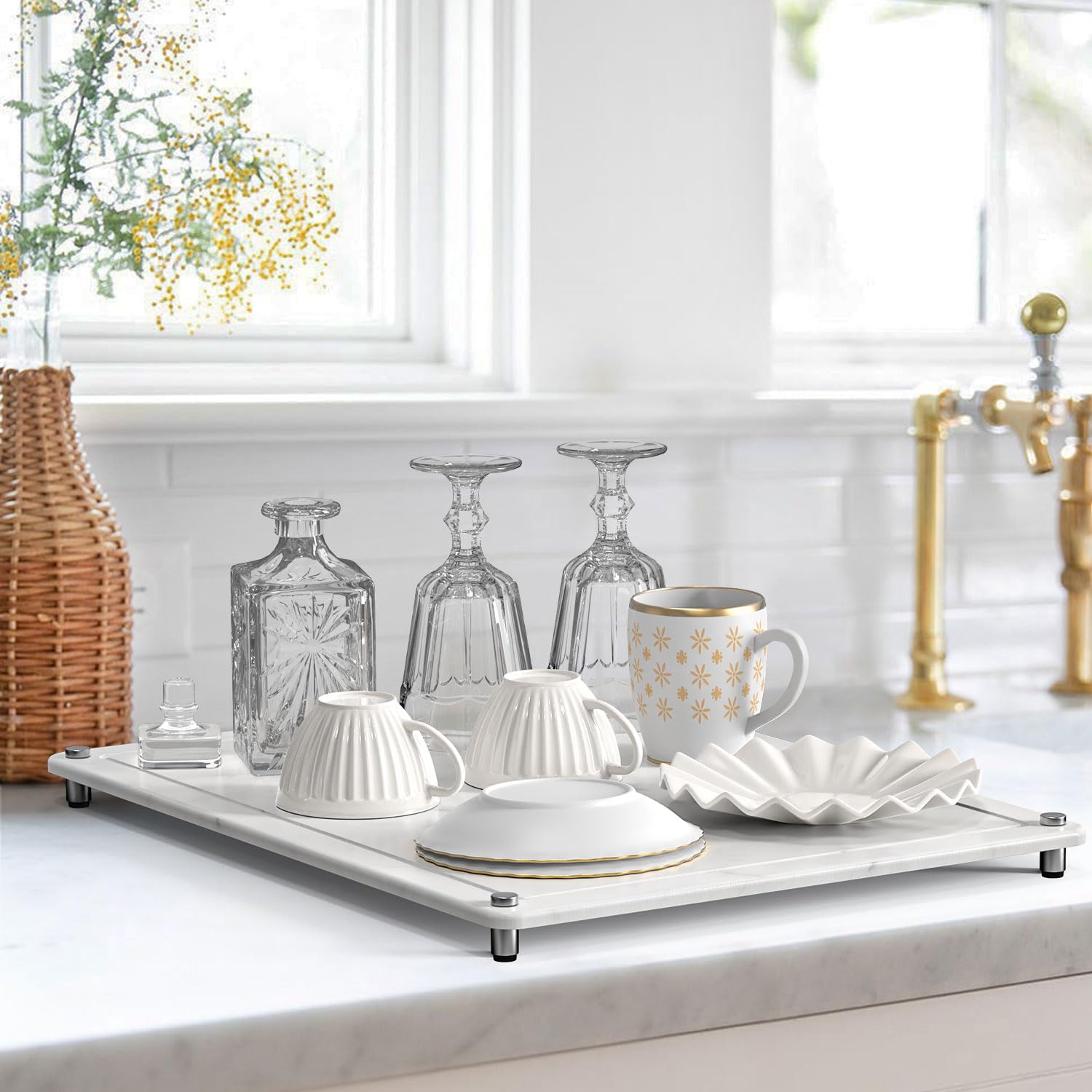 PoYang Stone Drying Mat for Kitchen Counter, Diatomite Dish Drying Mat Super Absorbent, Stylish White Marble Stone Mat with 4 Non-Slip Legs for Counter Protecting, Stone Dish Drying Mat 15.7"x11.8"