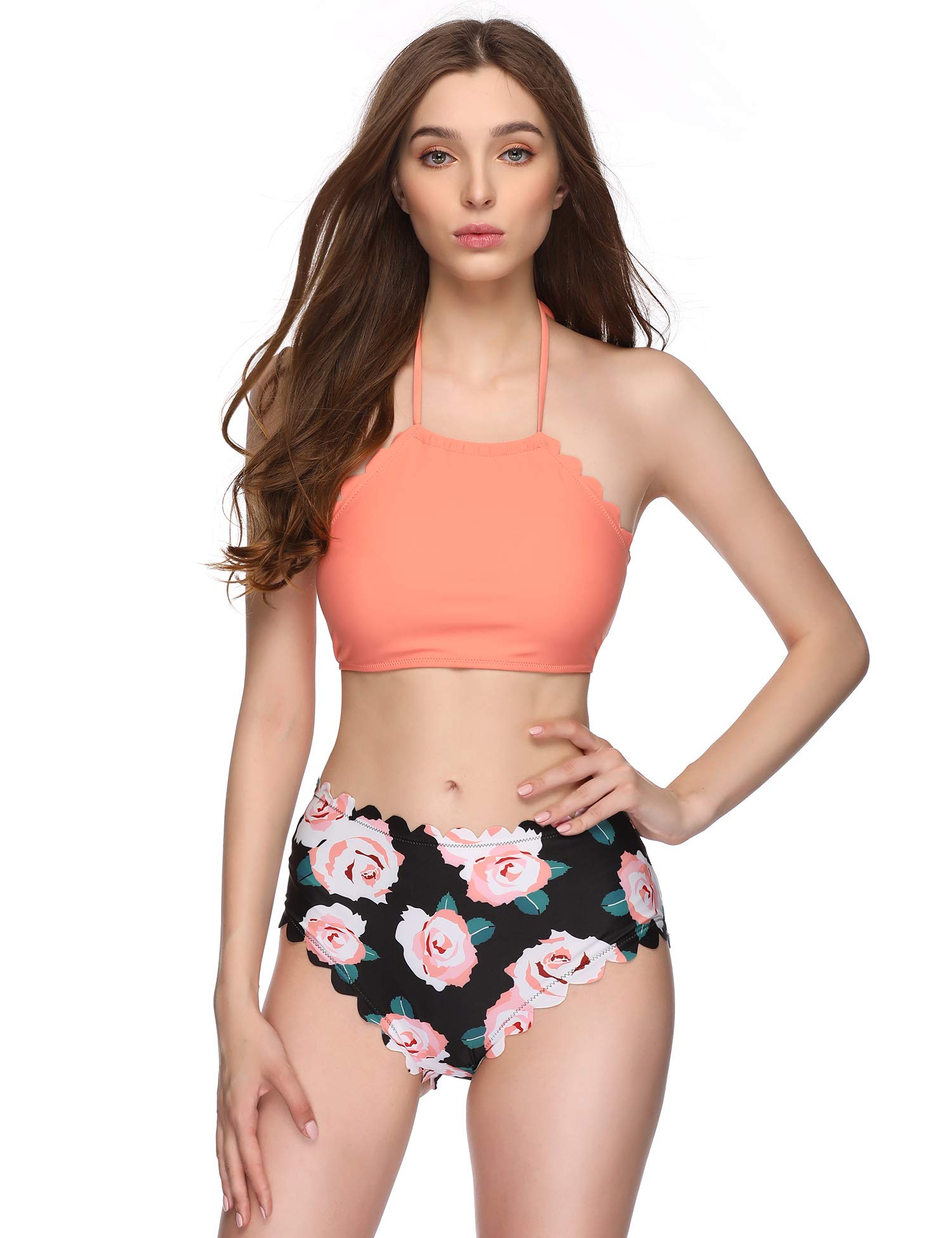 Verano Playa Women\'s Swimsuits High Neck Halter Bathing Suits Two Piece Floral Printed Bikini Set with Wave Edge