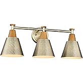 FEMILA Antique Gold Bathroom Vanity Light, 3-Lights Industrial Modern Wall Sconce Bathroom Lighting, Hammered Metal Shade Fin