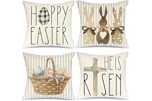 GEEORY Happy Easter Throw Pillow Covers 18x18 Set of 4 Easter Decorations for Home Bunny He is Risen Cross Eggs Decorative Spring Home Decor for Sofa Couch G209-18