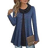 Bebonnie Womens Long Sleeve Cowl Neck Warm Splicing Tunic Tops with Buttons