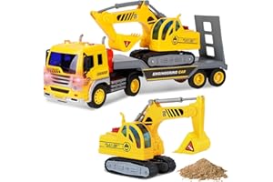 Liberty Imports Big Rig Tractor Trailer Low Boy Transport Flat Bed with Excavator Toy Trucks Combo, Semi Truck with Lights and Sounds, Flatbed Push and Go Construction Vehicle for Kids