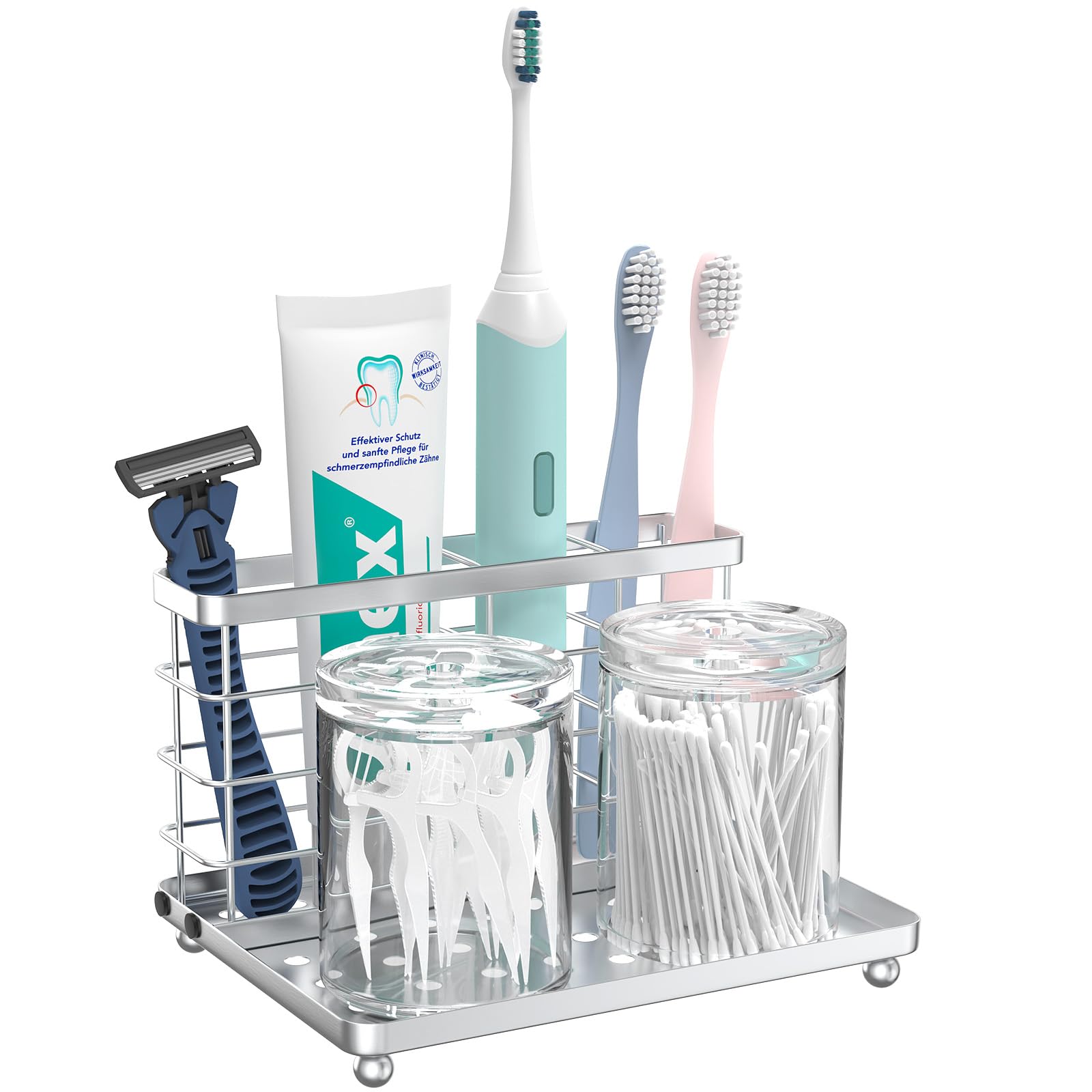 Luxspire Toothbrush Holder, 3-Slot Electric Toothbrush Holder with Detachable Tray, Stainless Steel Holder for Toothbrush Toothpaste Razor, Toothbrush Caddy for Bathroom Countertop Hotels, Silver