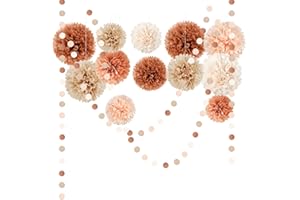 AOBKIAT Boho Fall Wedding Baby Shower Decorations,15PCS Brown Peach Tissue Paper Pom Poms,Circle Dots Colorful Paper Garland String Hanging Backdrop for Birthday Party,Retro Bridal Shower Engagement