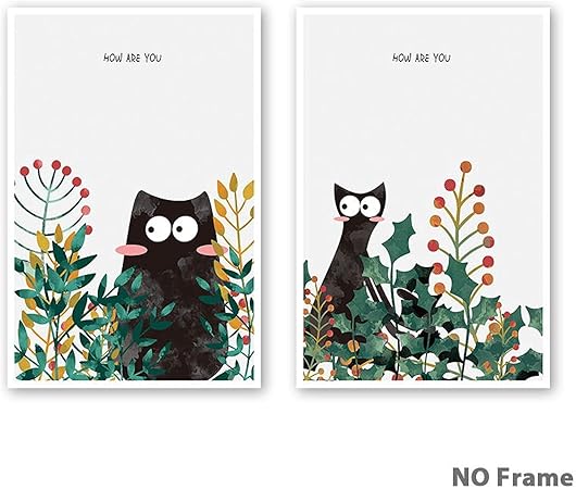 Amazon 現代アート絵画キャンバスかわいい猫と植物イラストポスターとプリント子供の寝室の壁アート写真家の装飾 50x60cmフレームなし ウォールステッカー オンライン通販