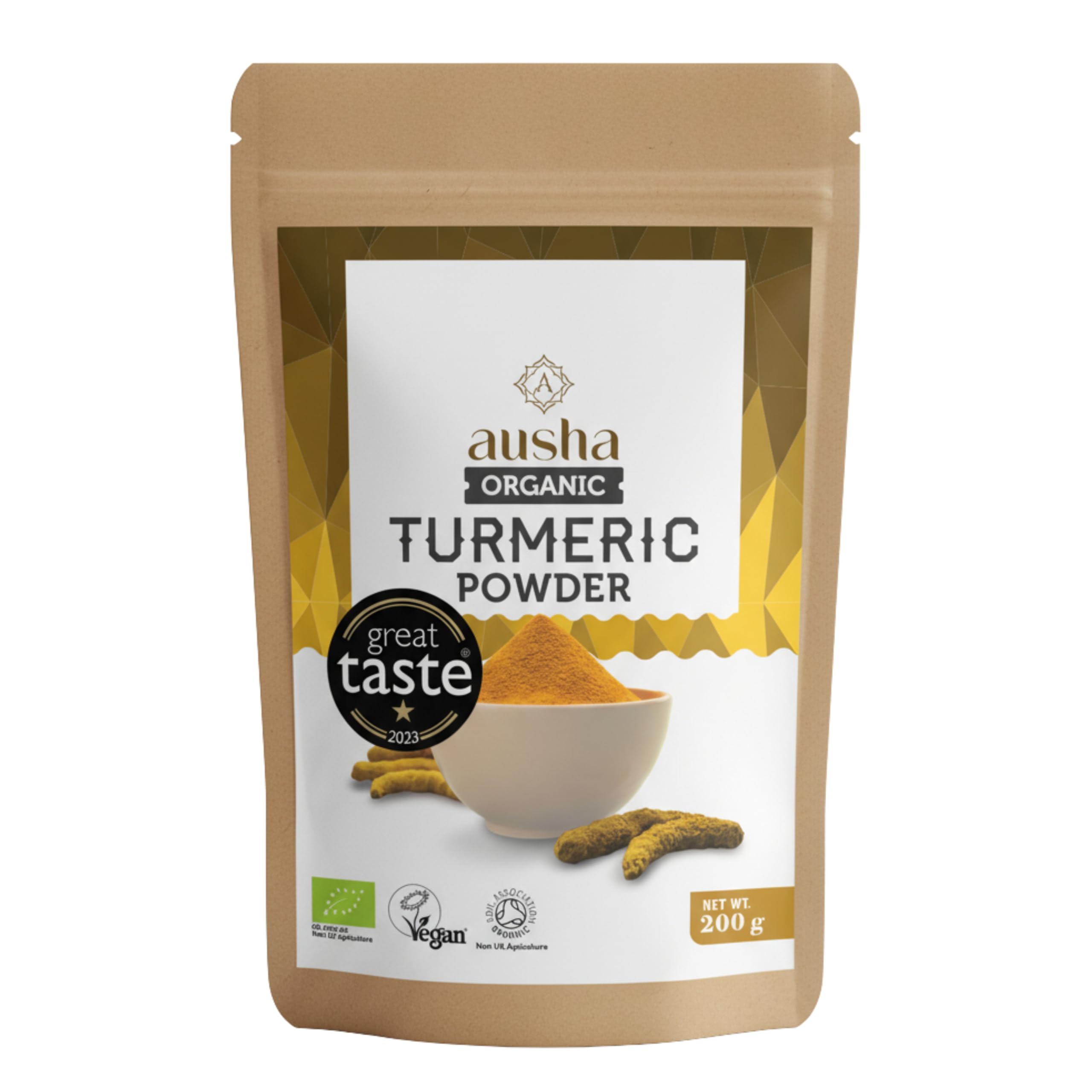 Ausha Organic Turmeric Powder 1kg - UK Certified Organic by Soil Association -1* Great Taste Award 2023 - Use in Cooking, Turmeric Shot - Curcumin - Ground Turmeric Root Powder