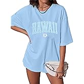 Hawaiian Shirts Women Oversized Aloha State Graphic Summer Hawaii Flower Tropical Beach Vacation Loose Casual Tees Tops