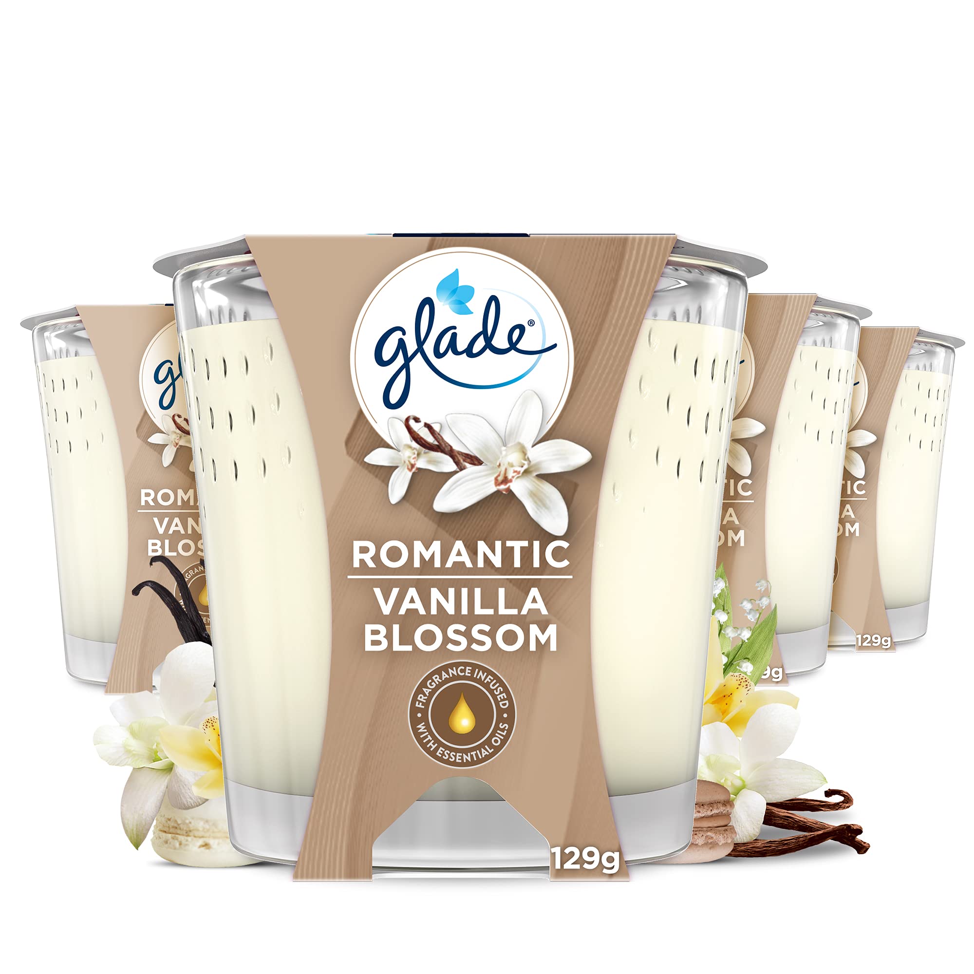 Glade Jar Candle, Scented Candle Infused with Essential Oils, Up to 42 Hour Burn Time, Vanilla Blossom, Pack of 4 (4x 129 g)