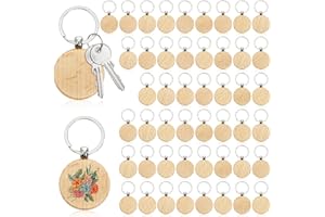 WRINGKIT 50 Pieces Round Wood Keychain Blanks, Unfinished Wood Key Chain Crafts with Rings, Laser Engraving Blanks Keychain K