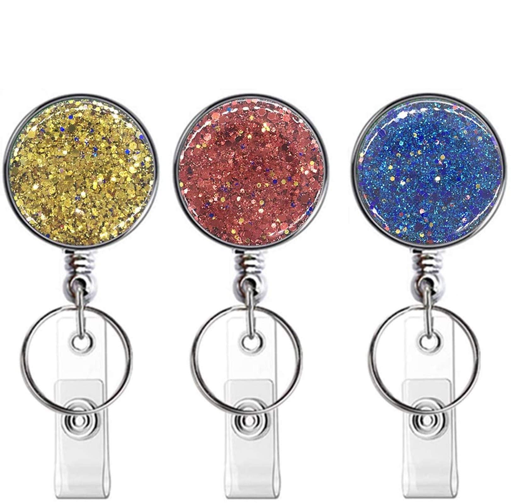Retractable Badge Holder, Lightweight Plastic Badge Reel Retractable Card Holder with Key Ring Backing Belt Clip for Nurse,Volunteer,Teacher,Student,Office (Glitter Silver Green Pink 3pack-UK) — image 1