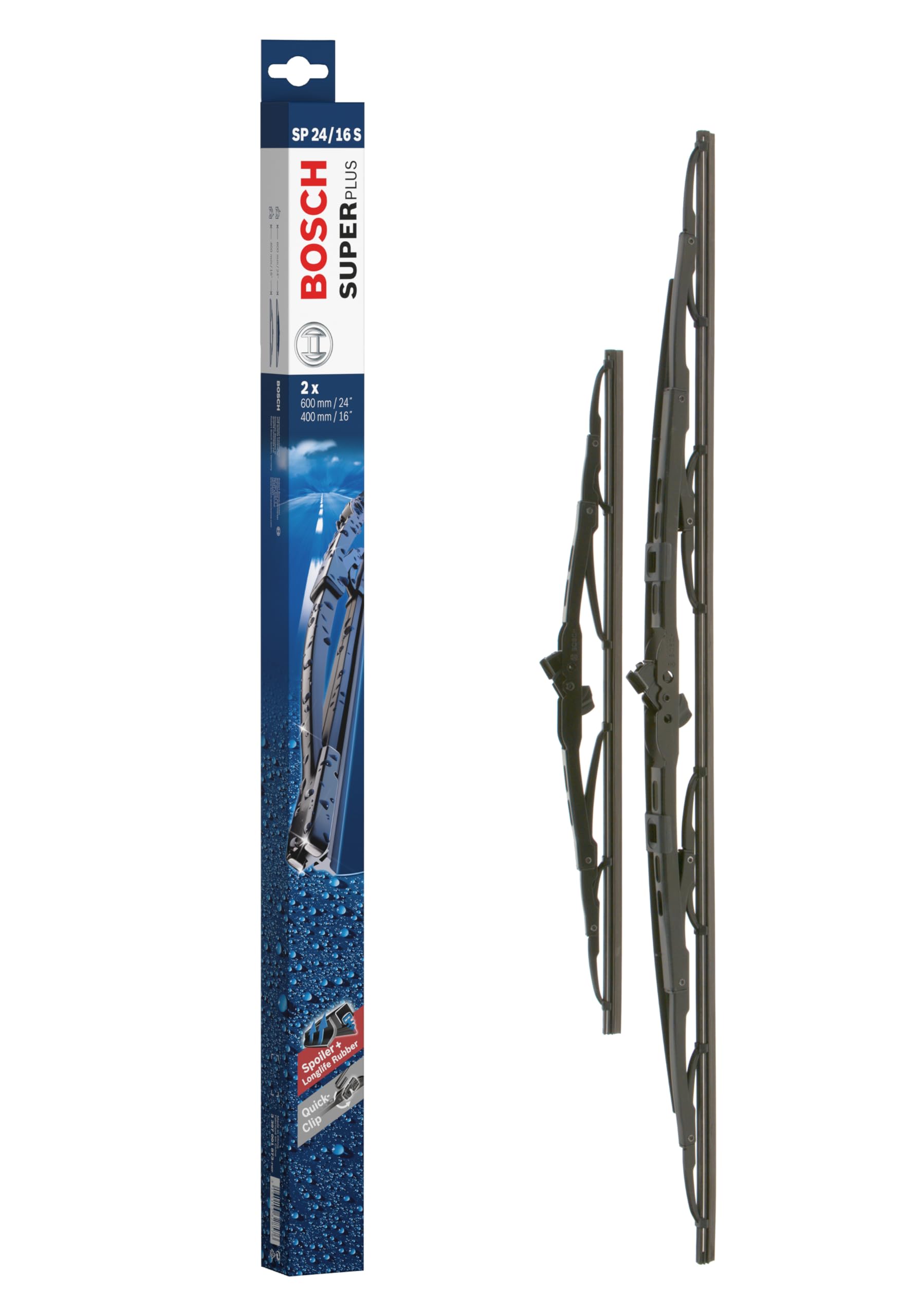 Bosch Wiper Blade Super Plus Spoiler SP24/16S, Length: 600mm/400mm − Set of Front Wiper Blades