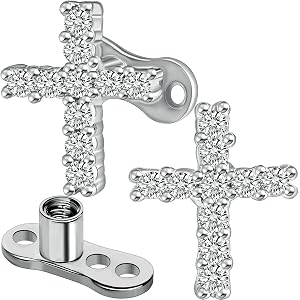 SHBESHCD 2pcs 14G Cross Dermal Anchor Tops and Base Stainless Steel Cubic Zirconia Internally Threaded Microdermals Body Pier