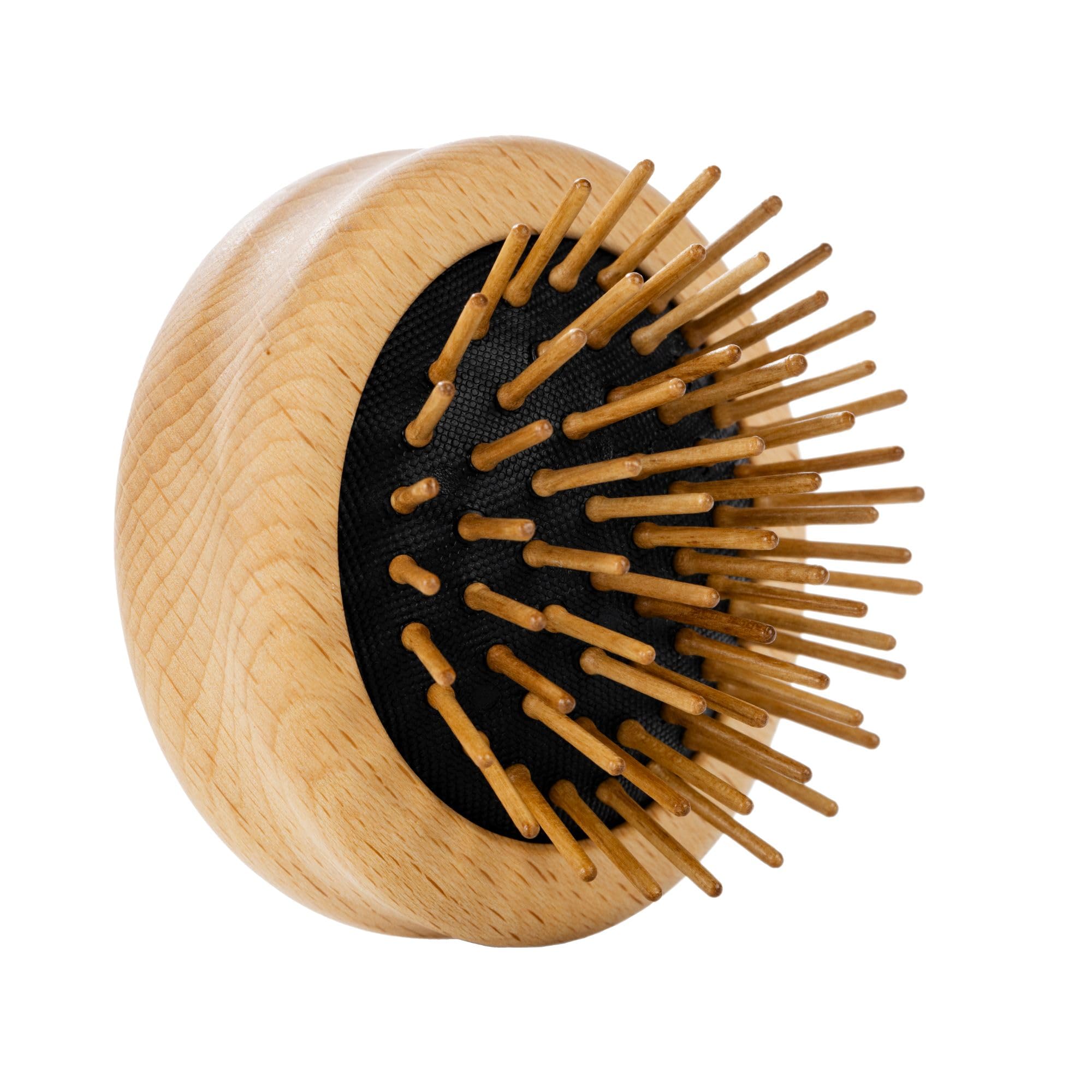 REMOS Mini Foldable Hair Brush with Wooden Pins Made of Beech Wood, Round Compact Detangling Brush