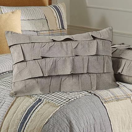 Piper Classics Ruffled Chambray Taupe-Grey Filled Pillow 14x22, Farmhouse Style