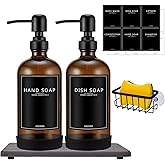 NEECZS Kitchen Soap Dispenser Set with Instant Dry Tray & Sponge Holder,16 Oz Hand and Dish Soap Amber Glass Dispenser Set,Stainless Steel Pump,Waterproof Labels,Luxury Soap Bottle for Bathroom