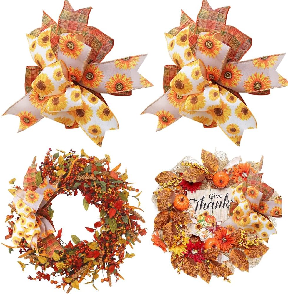 Bows & Ribbons - Fall Wreath Bows 2 Pcs, Autumn Harvest Wreath Thanksgiving Bows for Indoor Outdoor Welcome Sign, Orange Pumpkin Lantern Bows, Door Hanger Bow, Thanksgiving Home Decor (Autumn Sunflower)