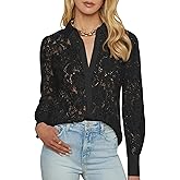AIMCOO Lace Tops for Women Sheer Long Sleeve Blouses Dressy Casual Button Down Shirts Boho Floral Tops