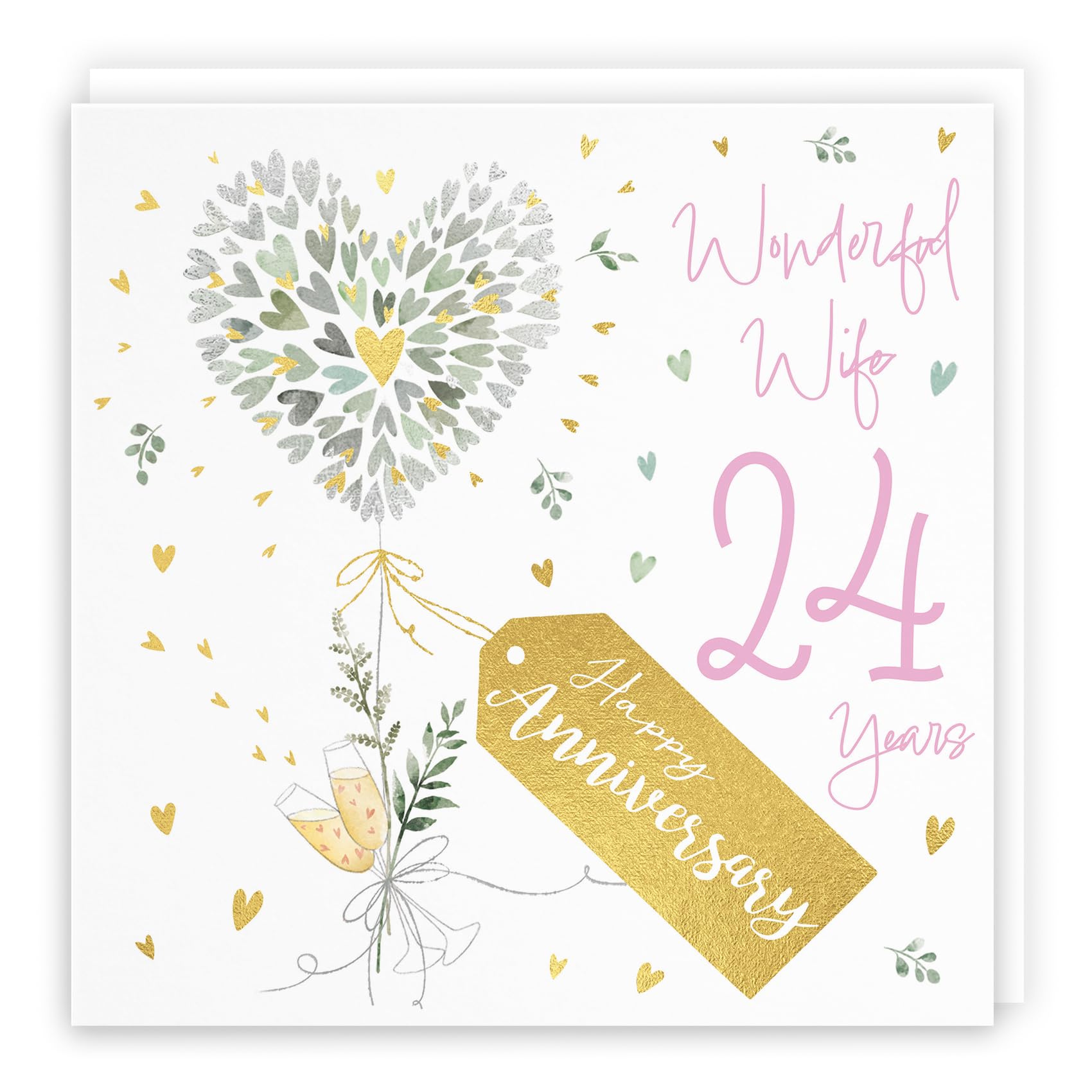 Hunts England - 24th Anniversary Card - Gold Foil Luxury Wedding Card With Contemporary Hearts - Ideal For Wife - Milo's Gallery
