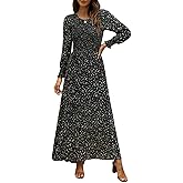 Annebouti Women's 2026 Spring Casual Long Sleeve Maxi Dress Boho Floral Smocked A-Line Modest Wedding Guest Long Dresses