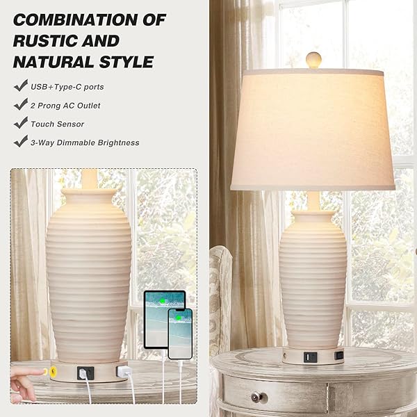 CINSARY 24.3″ FARMHOUSE JAR TABLE LAMPS SET OF 2, 3 WAY TOUCH CONTROL RUSTIC BEDSIDE LAMPS WITH USB A+C PORTS & AC OUTLET, POT NIGHTSTAND LAMPS FOR BEDROOM LIVING ROOM (LED BULBS INCLUDED)