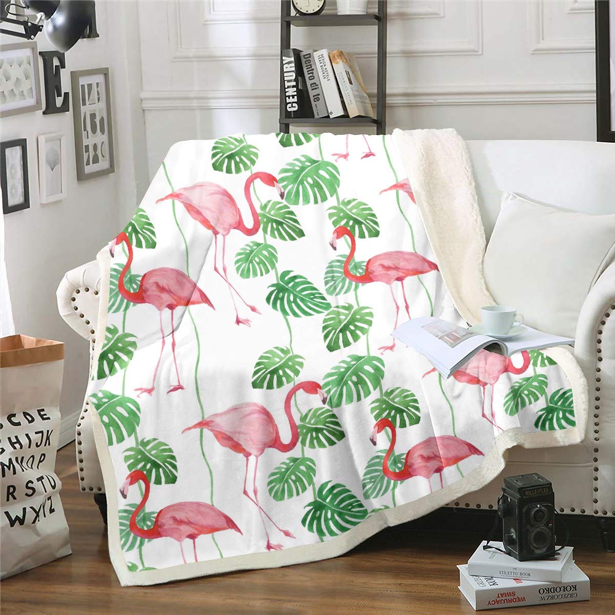 Loussiesd 3D Flamingo Plush Blanket Tropical Leaves Botanical Fleece Throw Blanket Flamingo Palm Leaf Print Sherpa Blanket for Kids Boys Girls Single 50x60 Inch