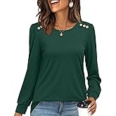 CATHY Womens Tops Puff Long Sleeve Shirts Fall Fashion Crewneck Buttons Tunic Blouses Business Casual Outfits