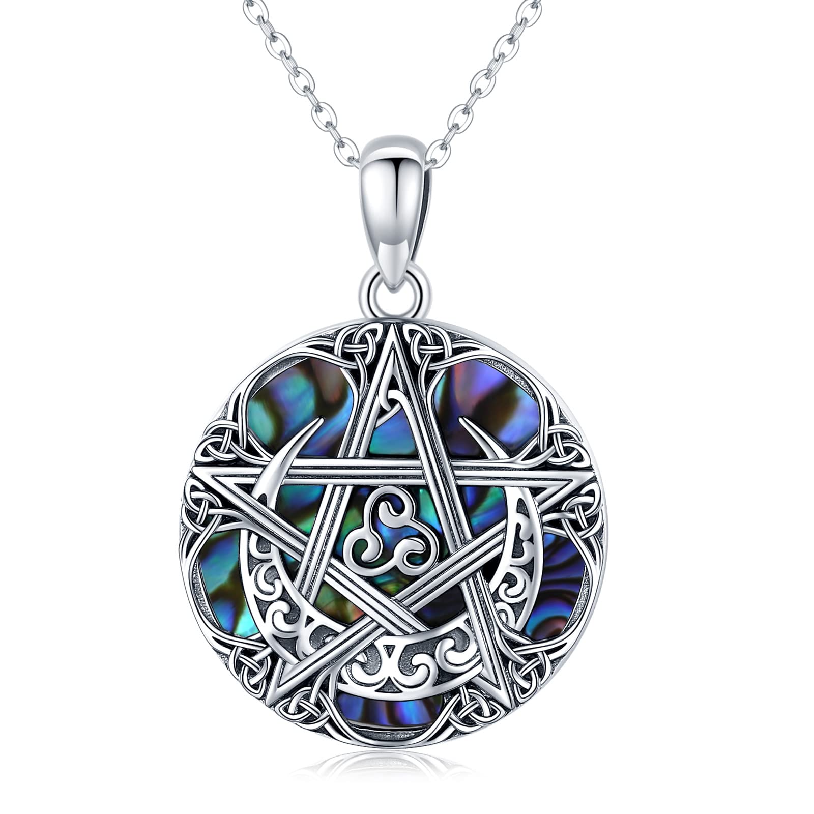 Eusense Pentagram Necklace 925 Sterling Silver Pentacle Celtic Knot Pendant Star Wiccan Abalone Shell Jewellery Gift for Women