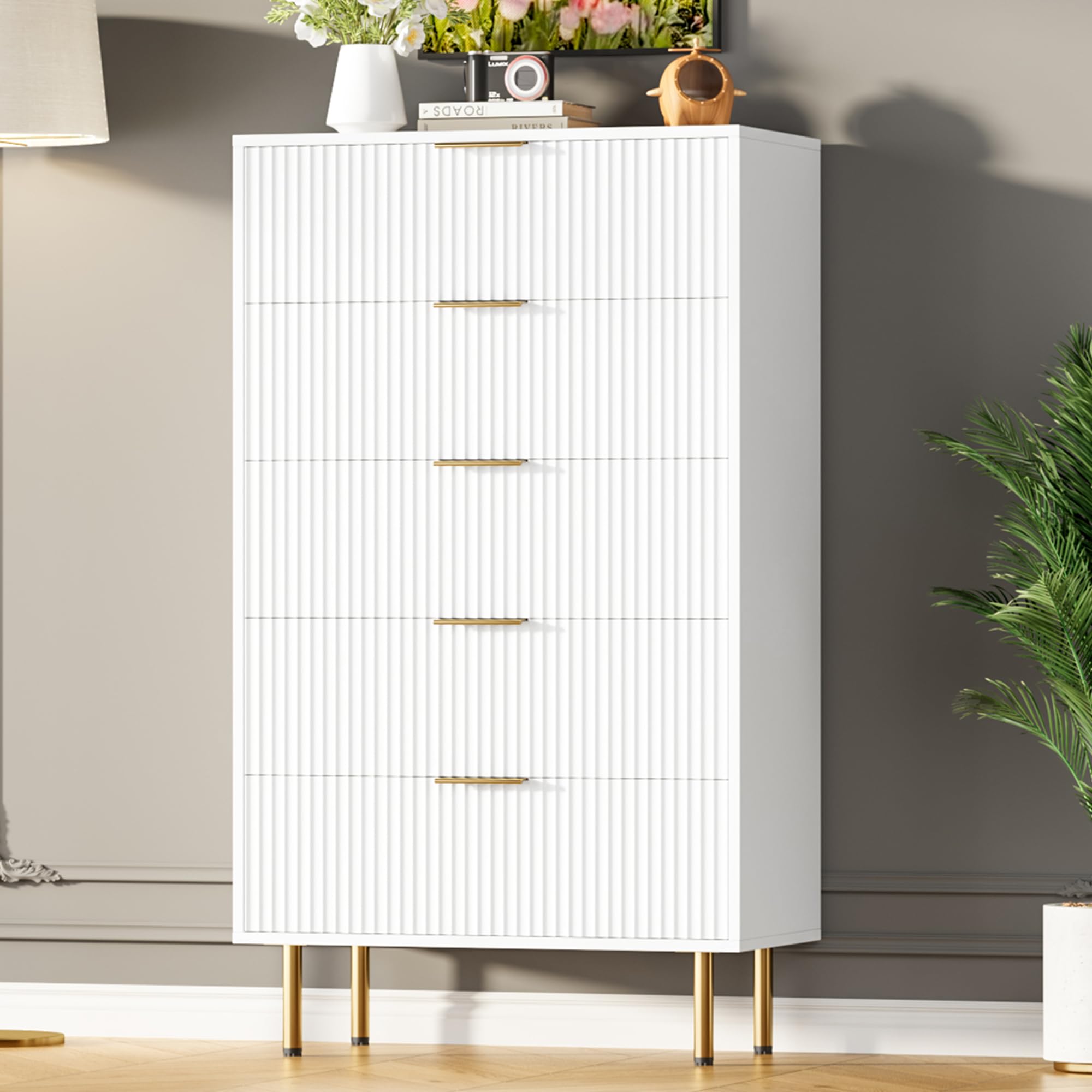 Photo 1 of **MISSING HARDWARE**Fluted Wood 5 Drawers Dresser for Bedroom, Modern Chest of Drawers, Tall White Dresser with Gold Handle, Wood Drawer Organizer for Bedroom, Living Room, Hallway, Entryway. 