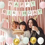 Kriovoa Happy Birthday Banner & Balloons Set for Girls - Green Pink view 4