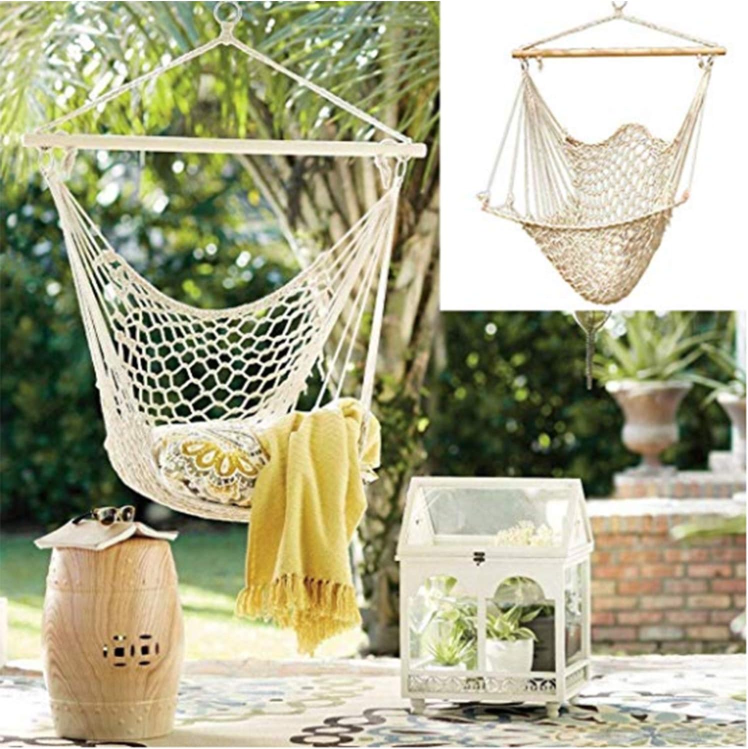 Yirind Hanging Rope Chair, Swing Seat Cotton Canvas Hammock for Indoor Outdoor Garden Yard (Beige net Chair) (US Stock)