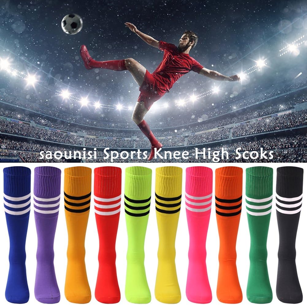saounisi Adult Long Tube Socks,2 Pairs Knee High Socks Colorful Fashion Stripe Football Soccer School Team Sports Socks Size 9-13 Red/Navy: Clothing