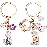 Mikovivi 2pcs Cute Cat Keychain, Kawaii White Cat & Enamel Flower Key Ring Key Chain Japanese Keyring Decor for Women Bag Charms Purse Backpack Handbag Decoration Supplies and Accessories