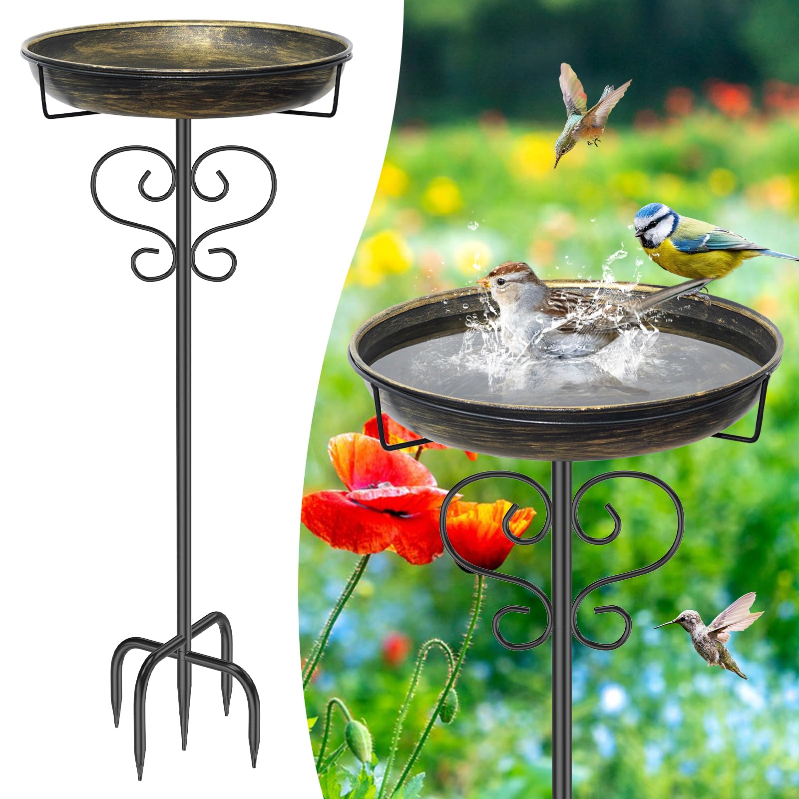 Photo 1 of DAYSUP Bird Bath for Outside,Freestanding Metal Bird Bath Feeder with Heavy Duty 5 Prong Stake, Garden Birdbath Birdfeeder Bowl for Yard Lawn Patio Decor (Vintage Gold)