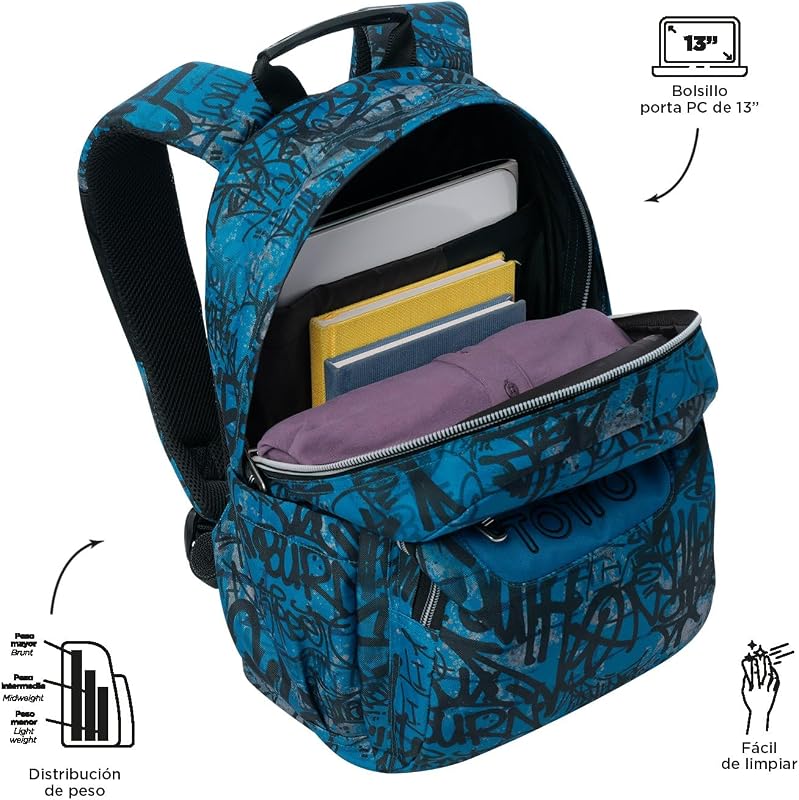 - Mochila escolar, modelo de elásticos, mochila média, capacidade de 15 L, bolso para PC de 14", bolso para garrafa, encosto ergonómico para fluxo de ar, alças em S confortáveis, Urban Graph Print