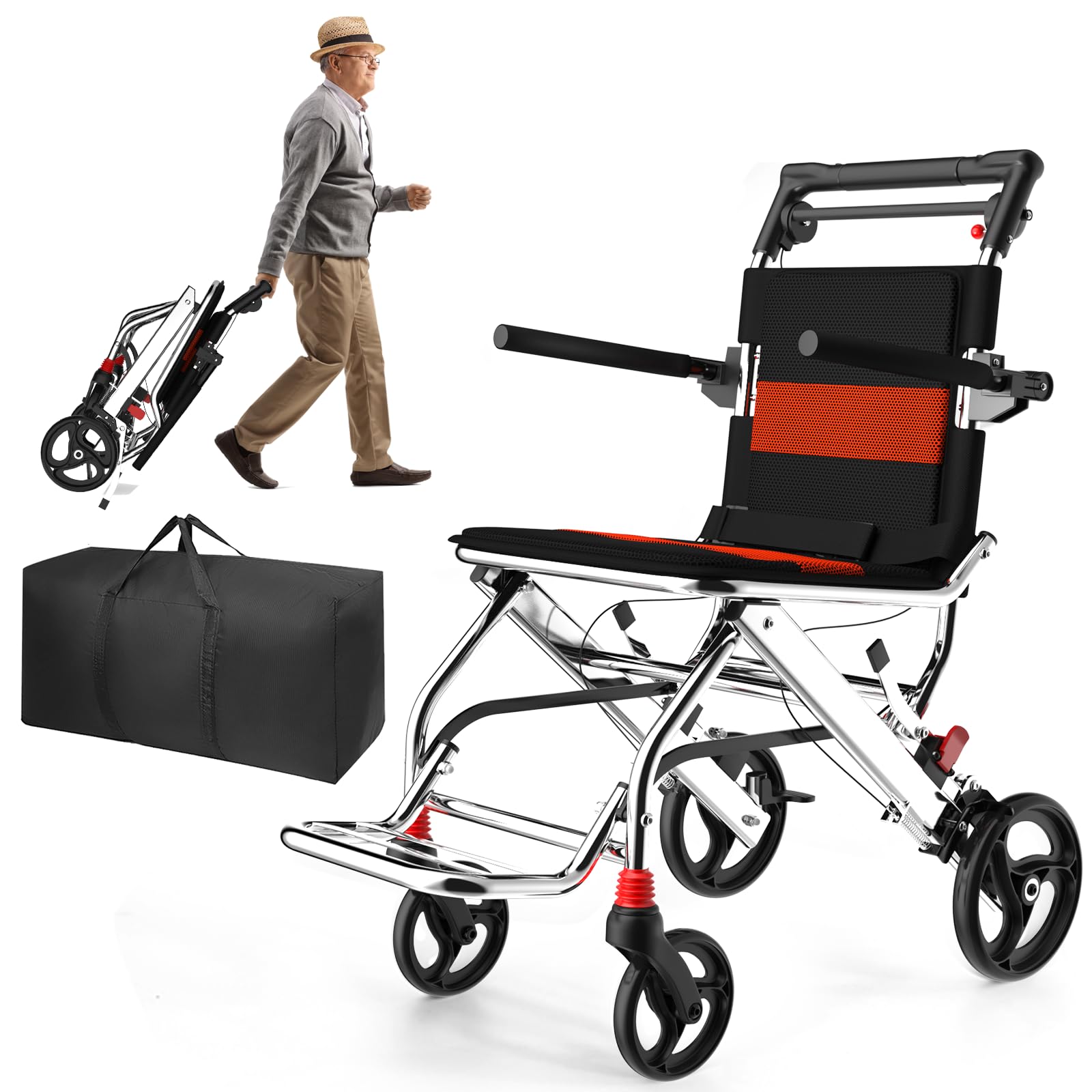 LANGYI ポータブル折りたたみ式車いす 軽量 折りたたみ式 旅行用車いす シニア用 ハンドブレーキ付き 通気性クッション 衝撃吸収 (8インチ リアPVCホイール)商品画像