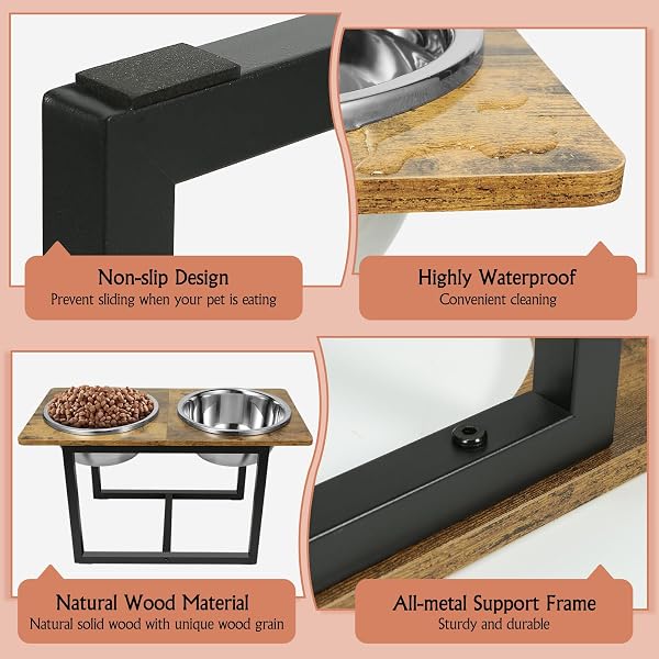 ELEVATED DOG BOWLS FOR LARGE DOGS, RAISED DOG BOWL STAND WITH TWO X-LARGE STAINLESS STEEL BOWLS FOR DOGS, 3.5L CAPACITY, RUSTIC BROWN