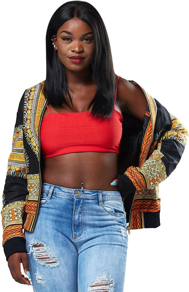 Women's Long Sleeve African Print Dashiki Zip-Up Short Biker Bomber Jacket Outwear Coat