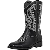 WrangWalker Women's Cowboy Boots Square Toe Pull On Western Fashion Dress Wide Mid Calf Cowgirl Boots Chunky Low Heel Botas Vaqueras Para Mujer