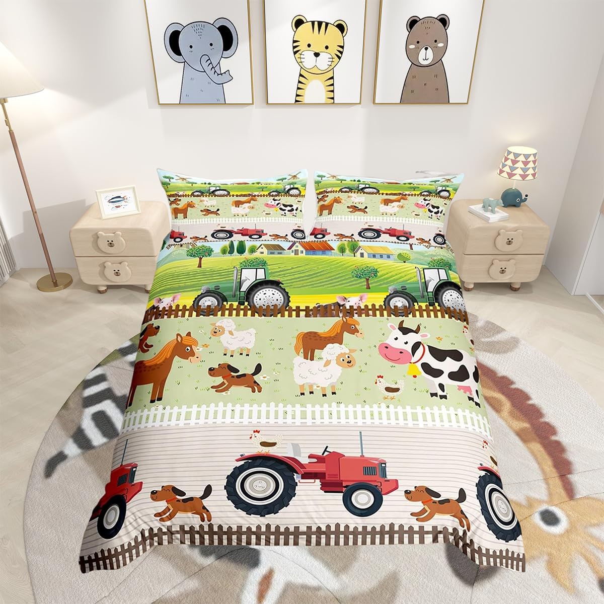 Loussiesd Kids Cartoon Farm Animals Bedding Set Double Toddler Cute Tractors Comforter Cover for Boys Girls Kids Farmhouse Country Style Duvet Cover Set Colorful Room Decor Nature Theme — image 1