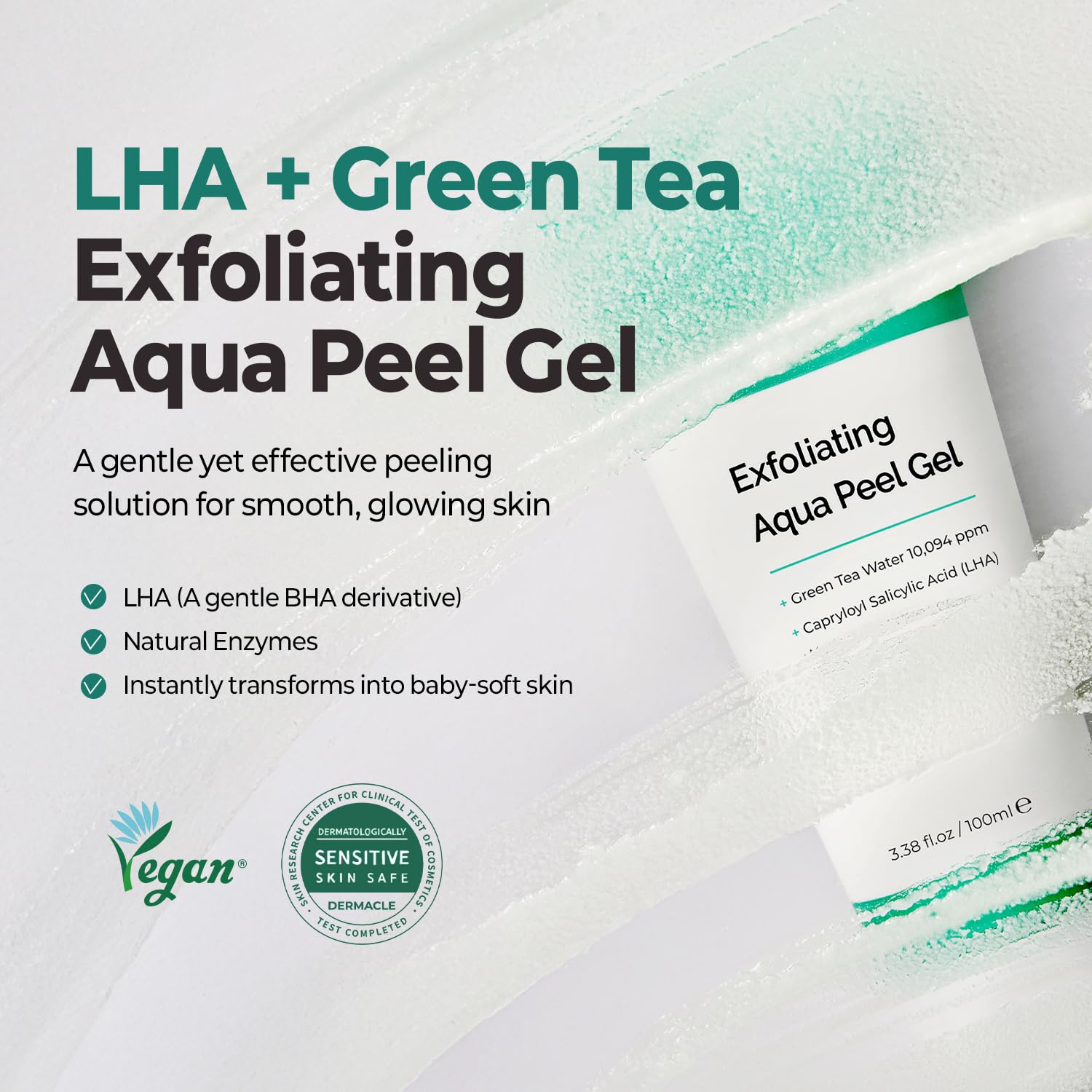 MOTHER MADE LHA Green Tea Exfoliating Aqua Peel Gel, Deep Pore Face Exfoliant, Gentle Facial Exfoliator, Dead Skin Remover, Natural Cellulose for Peeling, Vegan, Korean Skincare (100ml / 3.38 fl.oz)