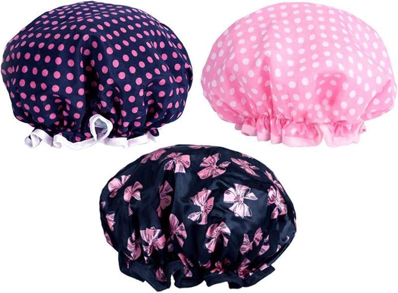 KissDate PrettyDate 3 Packs Double Layer Shower Cap Elastic Waterproof Bath Cap