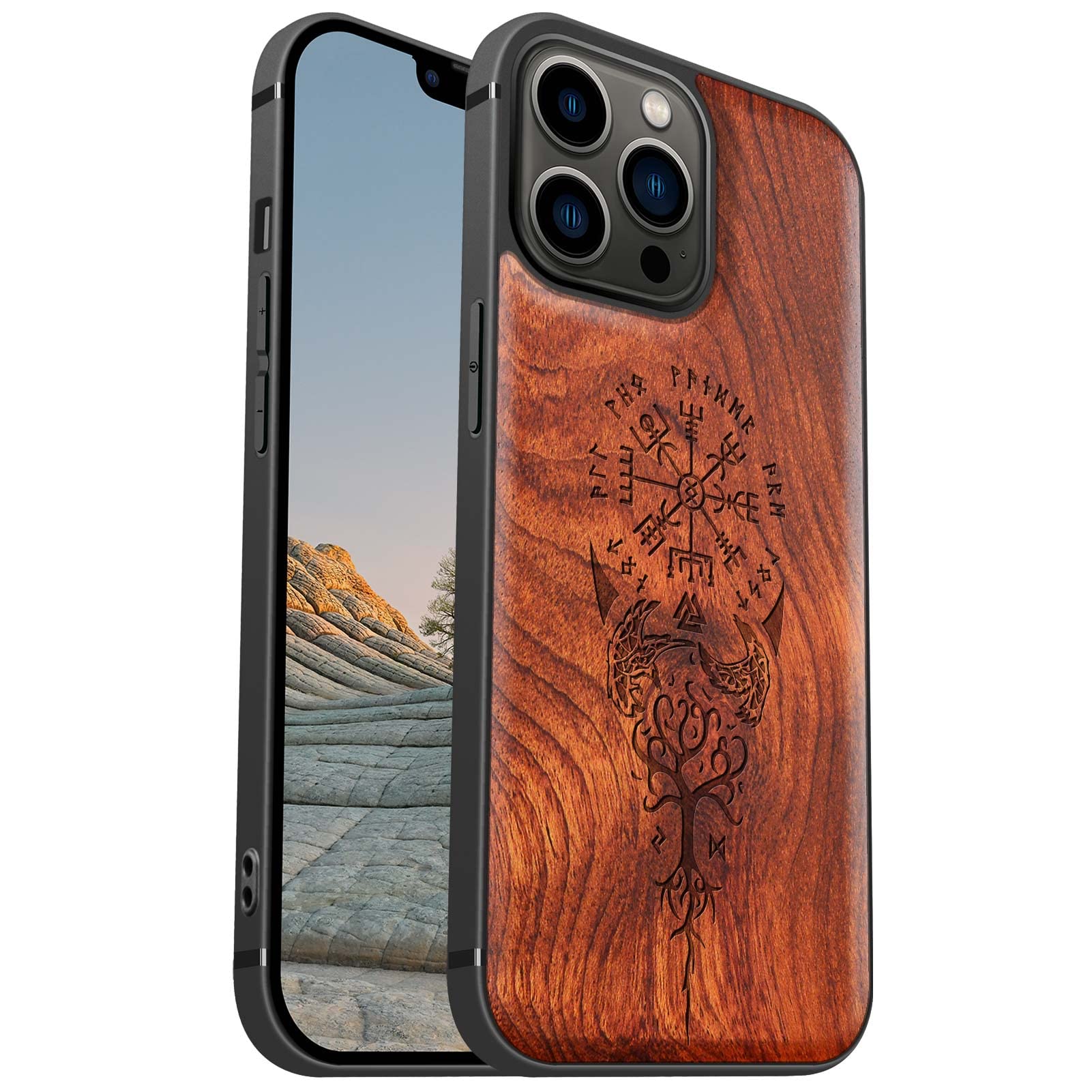 Carveit Magnetic Wood Case for iPhone 13 Pro Max [Hard Real Wood & Soft TPU] Shockproof Hybrid Protective Cover Unique & Classy Wooden Case Compatible with MagSafe (Viking Compass Vegvisir-Rosy)…