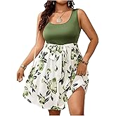 SOLY HUX Women's Plus Size Floral Tank Dress Sleeveless Square Neck A Line Flowy Belted Summer Short Dresses